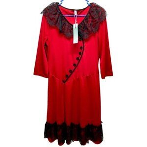 Dressfo Swing Dress Women's 14 Red Black Ruffle Lace Button Accent Dresslily NWT